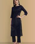 Midnight Blue Side Embriodery Kurta with Elasticated Pant - Set of 2