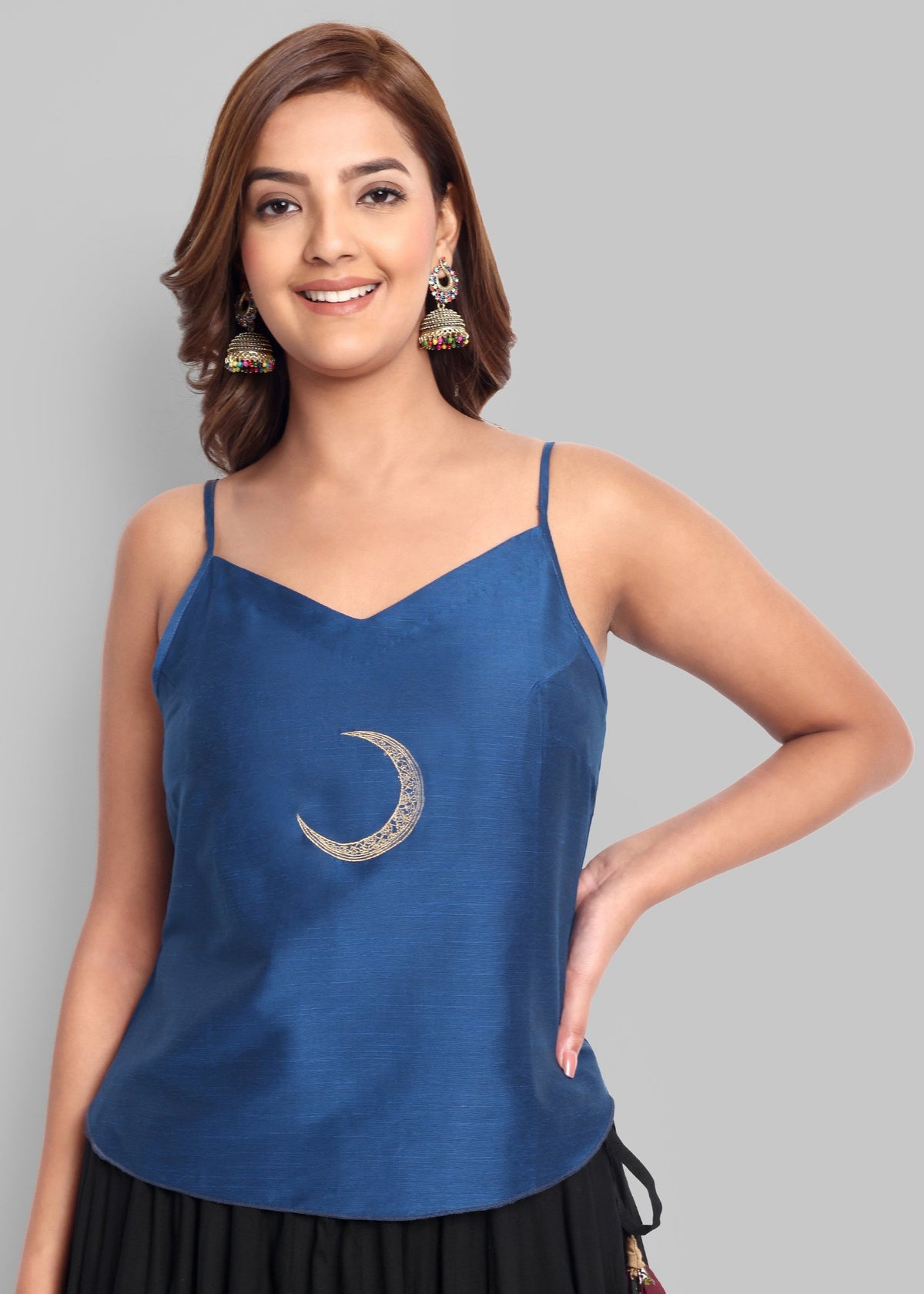 Ink Blue Cotton Silk Embroidery Top