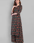 V Neck A Line Green Ajrak Kurta and Pant