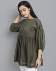 Khaki Mul Cotton Tunic Top - Mera Rang