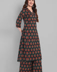 V Neck A Line Green Ajrak Kurta and Pant