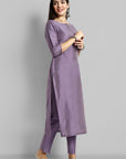 Mauve Boat Neck Kurta with Elasticated Pant - Set of 2