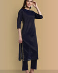 Midnight Blue Side Embriodery Kurta with Elasticated Pant - Set of 2