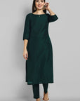 Bottle Green Cotton Silk Boat Neck Kurta