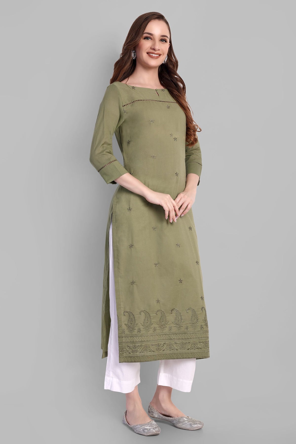 Khaki Mul Long Chikankari Kurta and Pant - Set of 2