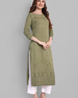 Khaki Mul Long Chikankari Kurta and Pant - Set of 2