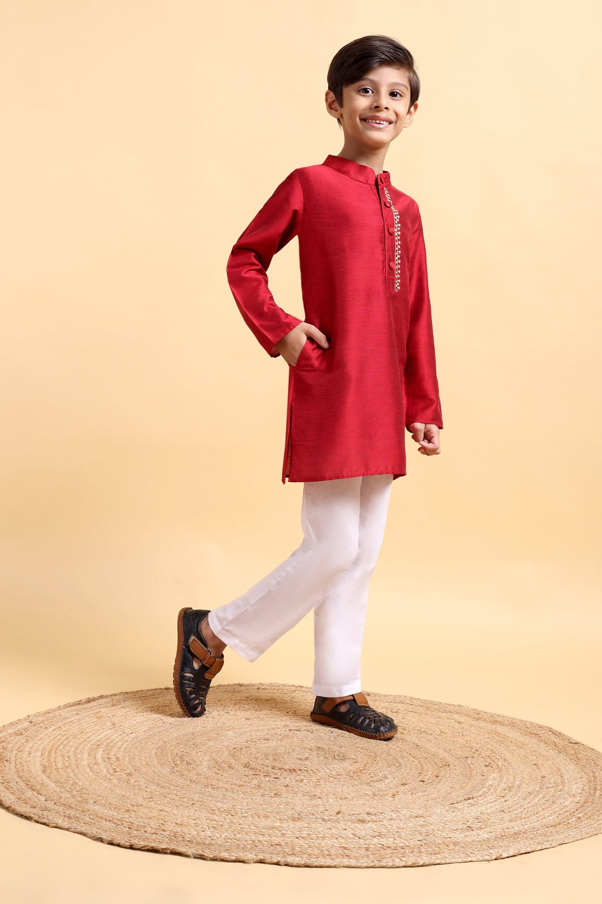 Deep Red Embroidery Cotton Silk Kurta & Pajama Set