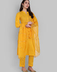 Dopahar Yellow Kurta with Gota Twist & Chiffon Dupatta - Set of 3