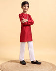 Elegant Deep Red Embroidered Cotton Silk Kurta & Pajama Set for Boys