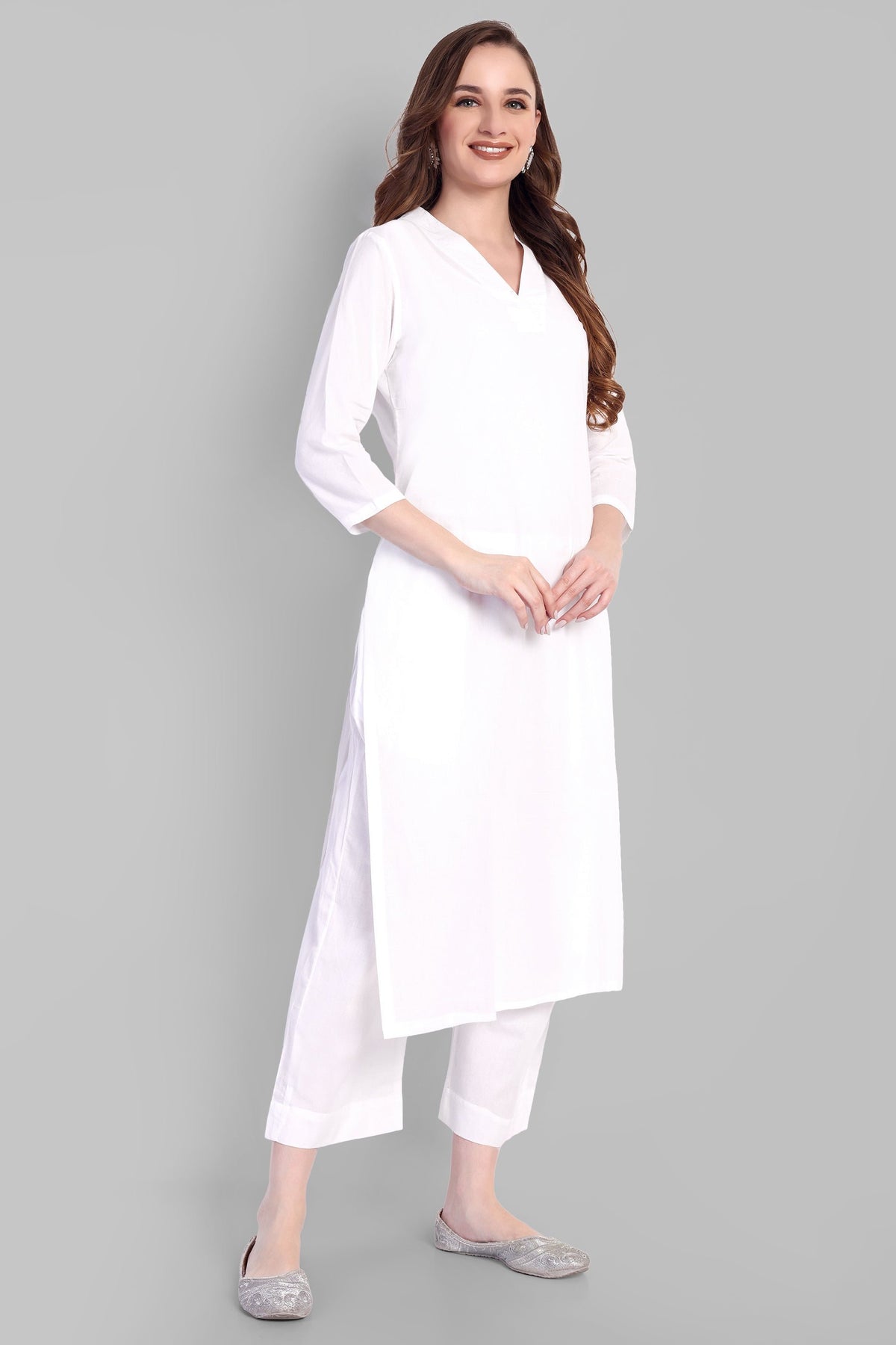 V Neck Basic Kurta with Straight Bottom - Set of 2