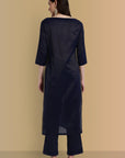 Midnight Blue Side Embriodery Kurta with Elasticated Pant - Set of 2