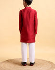 Elegant Deep Red Embroidered Cotton Silk Kurta & Pajama Set for Boys
