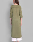 Khaki Mul Long Chikankari Kurta and Pant - Set of 2