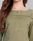 Khaki Mul Long Chikankari Kurta and Pant - Set of 2
