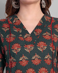 V Neck A Line Green Ajrak Kurta and Pant