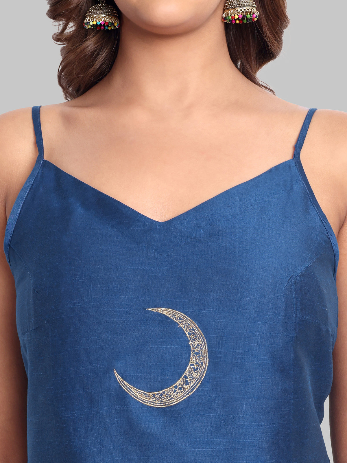 Ink Blue Cotton Silk Embroidery Top