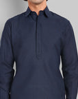Navy Blue Cotton-Linen Pathani Suit