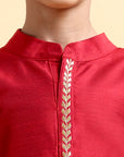 Elegant Deep Red Embroidered Cotton Silk Kurta & Pajama Set for Boys