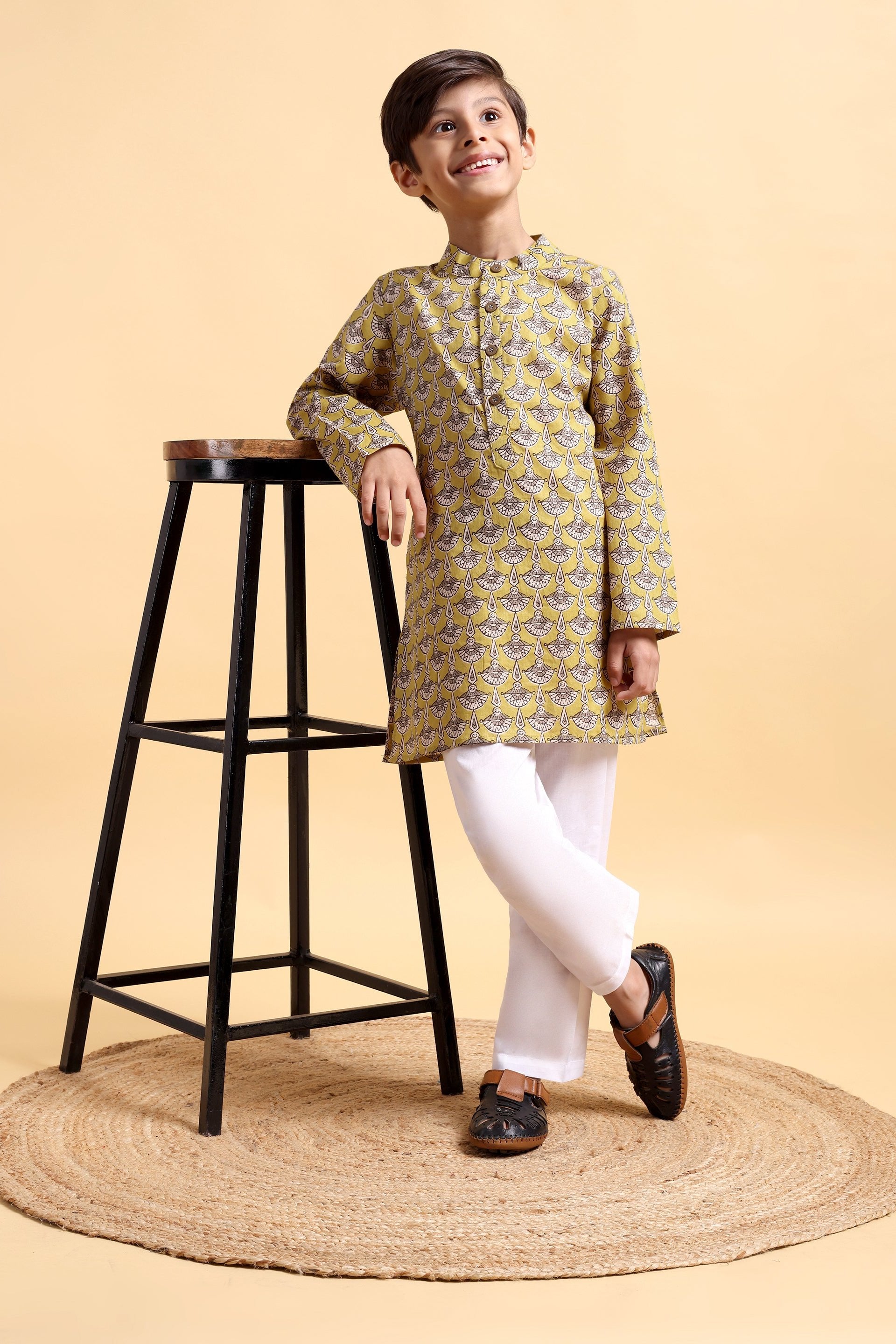 Boys Mustard Ajrak Kurta and Pajama