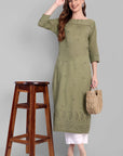 Khaki Mul Long Chikankari Kurta and Pant - Set of 2