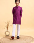 Purple Embriodery Cotton Silk Kurta & Pajama Set
