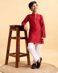 Elegant Deep Red Embroidered Cotton Silk Kurta & Pajama Set for Boys