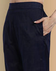 Midnight Blue Side Embriodery Kurta with Elasticated Pant - Set of 2