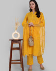 Dopahar Yellow Kurta with Gota Twist & Chiffon Dupatta - Set of 3