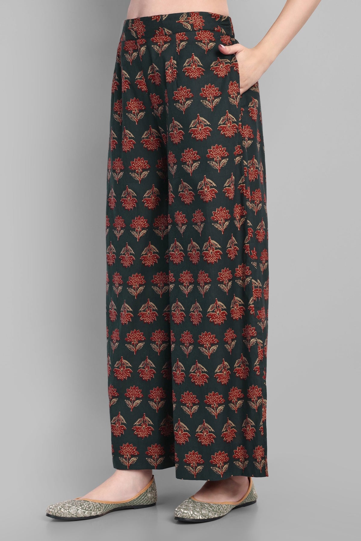 V Neck A Line Green Ajrak Kurta and Pant