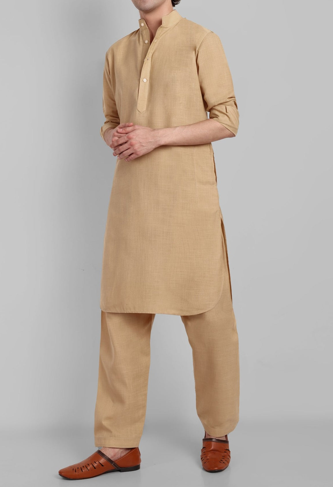 Beige Cotton-Linen Pathani Suit