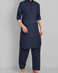Navy Blue Cotton-Linen Pathani Suit
