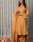 Chand Handcrafted Dull Gold Kurta Pant with Organza Silk Dupatta - Set of 3