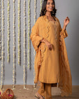Chand Handcrafted Dull Gold Kurta Pant with Organza Silk Dupatta - Set of 3