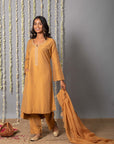 Chand Handcrafted Dull Gold Kurta Pant with Organza Silk Dupatta - Set of 3