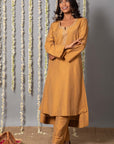 Chand Handcrafted Dull Gold Kurta Pant with Organza Silk Dupatta - Set of 3