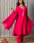 Chand Gulabi Cotton Silk Kurta with Organza Silk Dupatta - Set of 3