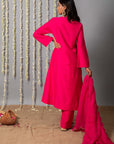 Chand Gulabi Cotton Silk Kurta with Organza Silk Dupatta - Set of 3