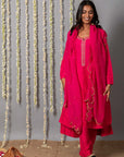 Chand Gulabi Cotton Silk Kurta with Organza Silk Dupatta - Set of 3