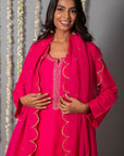 Chand Gulabi Cotton Silk Kurta with Organza Silk Dupatta - Set of 3