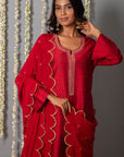 Chand Deep Red Cotton Silk Kurta with Organza Silk Dupatta - Set of 3