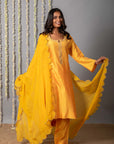 Chand Yellow Cotton Silk Kurta with Organza Silk Dupatta