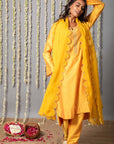 Chand Yellow Cotton Silk Kurta with Organza Silk Dupatta
