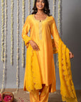 Chand Yellow Cotton Silk Kurta with Organza Silk Dupatta