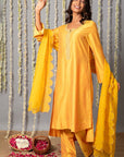 Chand Yellow Cotton Silk Kurta with Organza Silk Dupatta