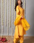 Chand Yellow Cotton Silk Kurta with Organza Silk Dupatta