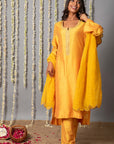 Chand Yellow Cotton Silk Kurta with Organza Silk Dupatta