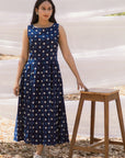Indigo Polka Handblock Sleeveless Pleated Dress