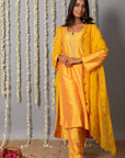 Chand Yellow Cotton Silk Kurta with Organza Silk Dupatta