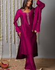 Wine Purple Cotton silk Kurta with Organza Silk Dupatta