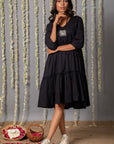V Neck Cotton Mul Black Graduated Dress